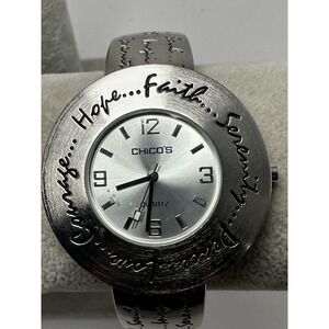 Chicos Womens Cuff Watch Silver Tone Love‎ Hope Peace New Battery 41MM 6.5" L14